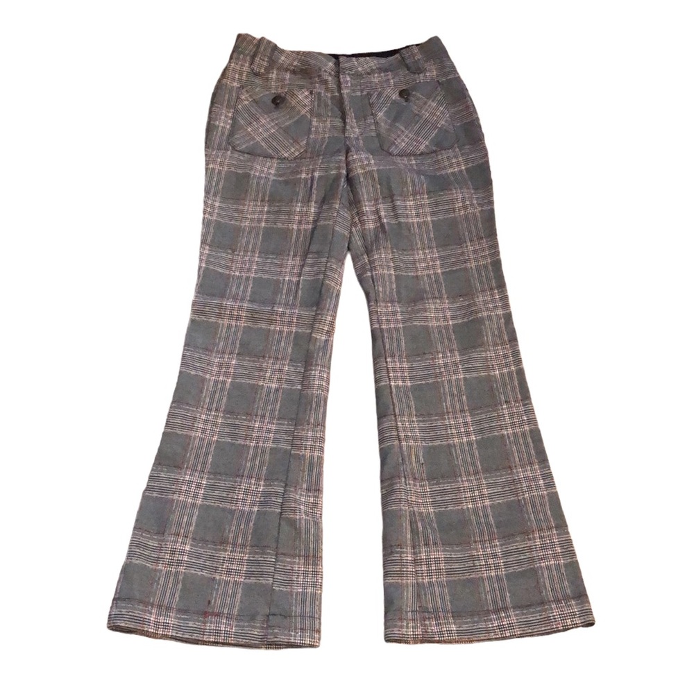 FREE PEOPLE TEXTURED WOVEN PLAID FLARED PANTS BLACK WHITE RED SIZE 4 SMALL